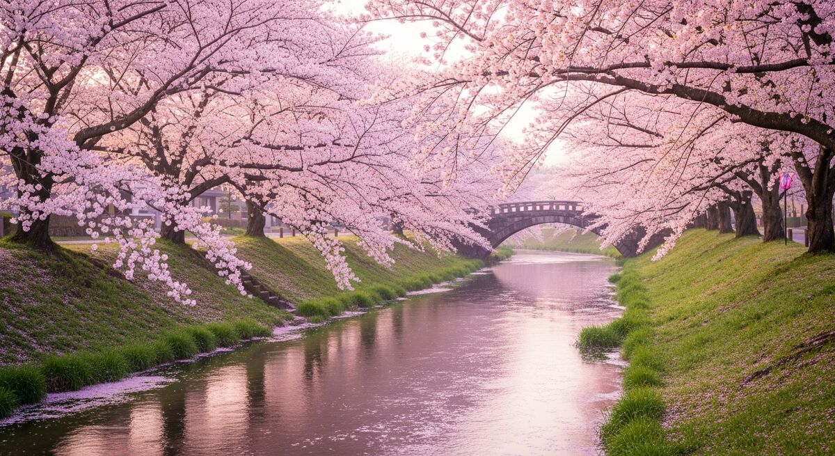 Cherry blossom trees along a peaceful river
